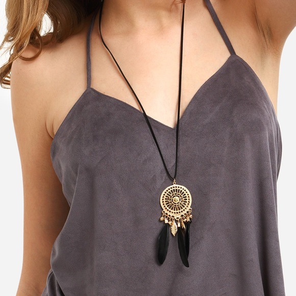 NEW Dreamcatcher Boho Chic Black & Gold Necklace NWT - Picture 3 of 12